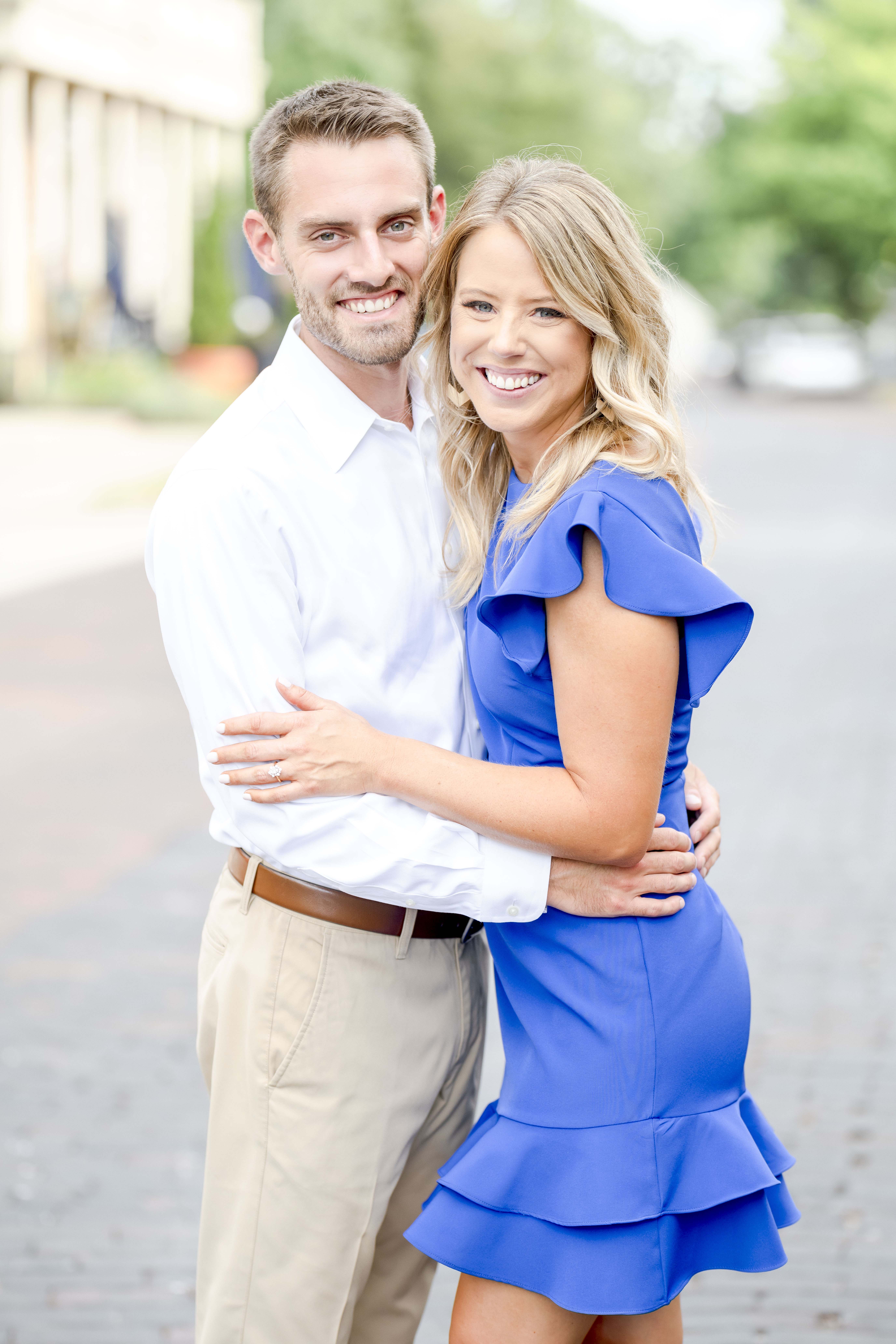 Couple in Downtown Zionsville Indiana for engagement photos