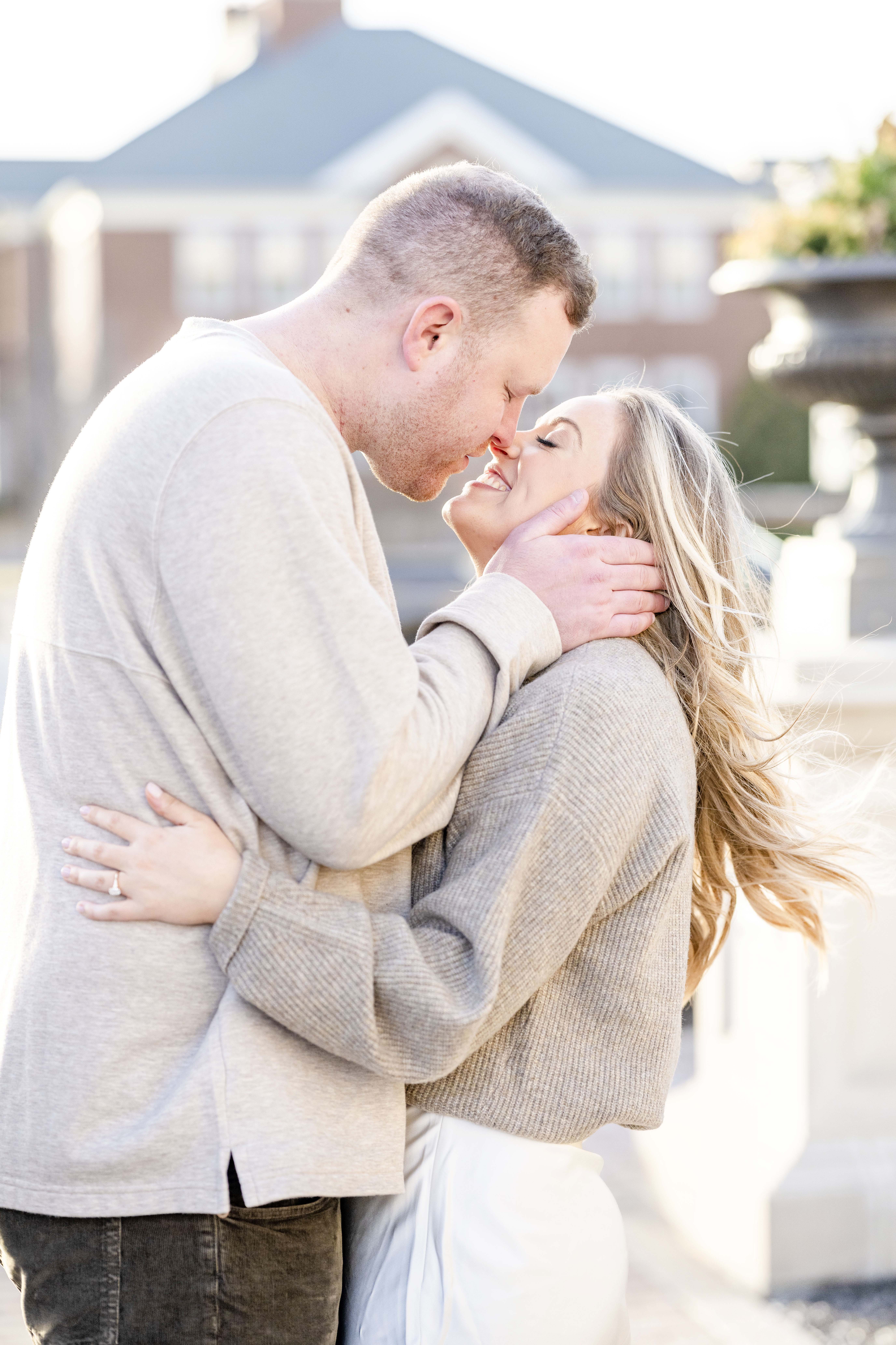 couple almost kissing during Carmel Indiana Engagement Session.